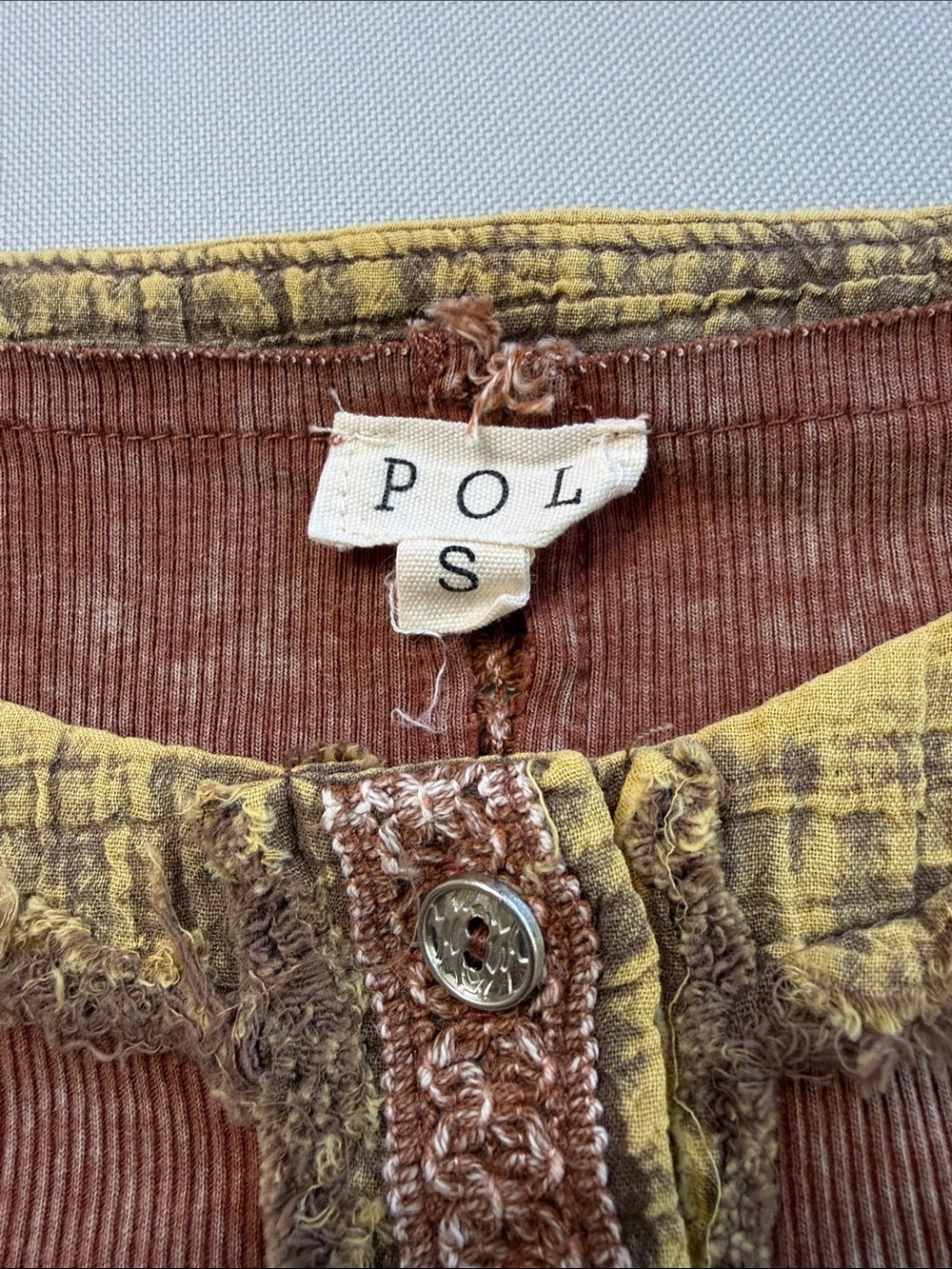BNWT POL Solid Long Sleeve Round Neck Lace Trim Choco & Mustard Rib Knit Top - Picture 2 of 12
